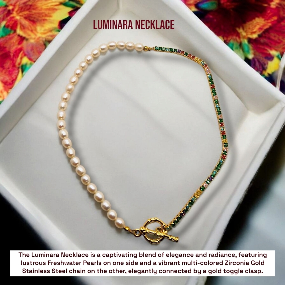 Freshwater Pearl Multi-coloured Zirconia Stainless steel chain necklace